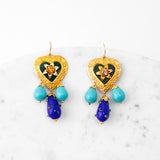 Heart Earrings with Drops gold plated silver and metal