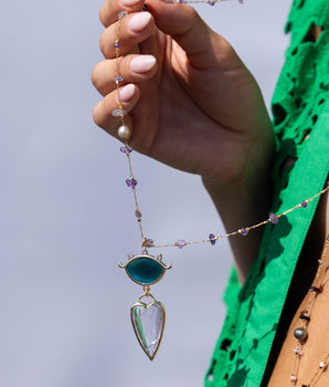 katerina Psoma long pendant necklace with semiprecious stones and heart