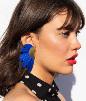 Katerina Psoma Artemis Blue Feather and Gold Plated Metal Clip Earrings