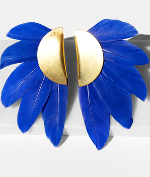 Katerina Psoma Artemis Blue Feather Gold Plated Metal Clip Earrings