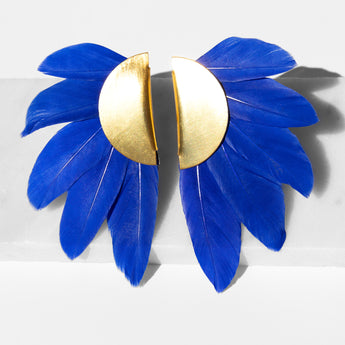 Katerina Psoma Artemis Blue Feather Gold Plated Metal Clip Earrings