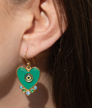 Katerina psoma evil eyes heart earrings green gold plated silver and brass