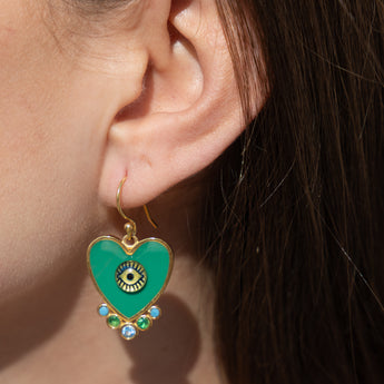 Katerina psoma evil eyes heart earrings green gold plated silver and brass