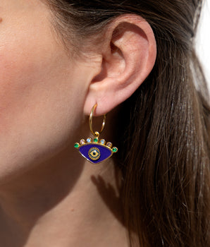 Katerina Psoma gold plated hoops with evil eye enamel purple with zirconia