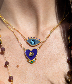 Katerina Psoma gold plated metal evil eye necklace grey detail