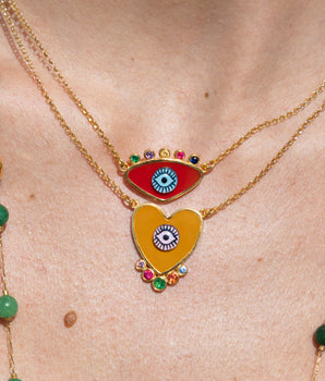 Katerina Psoma Evil eye Heart necklace mustard gold plated chain