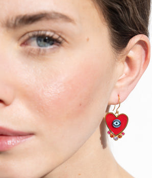 Katerina psoma evil eyes heart earrings red gold plated metal