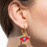 Katerina Psoma gold plated hoops with evil eye enamel red and zirconia