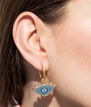 Katerina Psoma gold plated hoops with evil eye enamel grey and zirconia