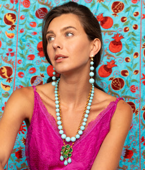 Katerina Psoma Domna Chain Necklace with Green Flower & turquoise drops