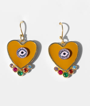 Katerina psoma evil eyes heart earrings mustard gold plated silver and brass