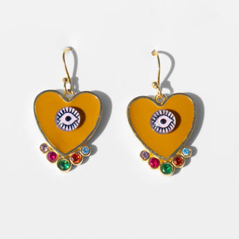 Katerina psoma evil eyes heart earrings mustard gold plated silver and brass