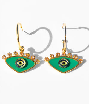 Katerina Psoma gold plated enamel evil eye hoop earrings green detail