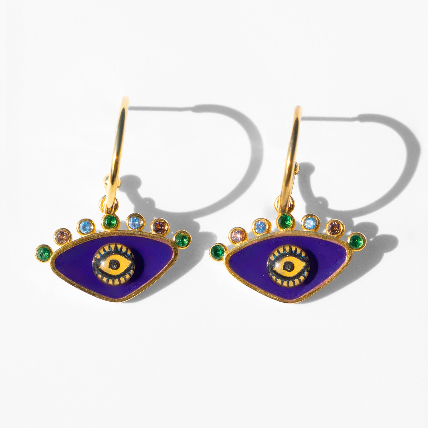 Katerina Psoma gold plated hoops with evil eye enamel purple