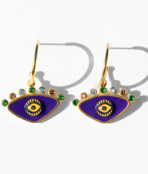 Katerina Psoma gold plated hoops with evil eye enamel purple