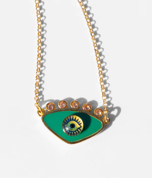 gold plated metal evil eye necklace green