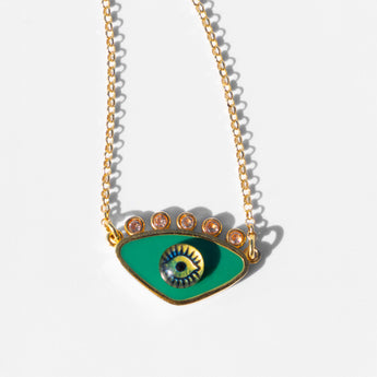 gold plated metal evil eye necklace green