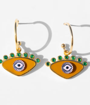 Katerina Psoma gold plated hoops with evil eye enamel dark Yellow