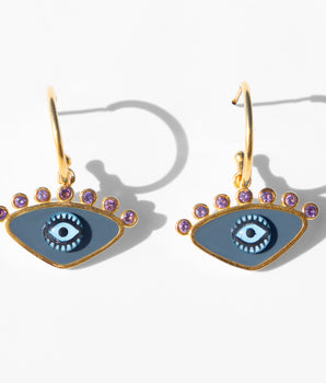 Katerina Psoma gold plated hoops with evil eye enamel grey