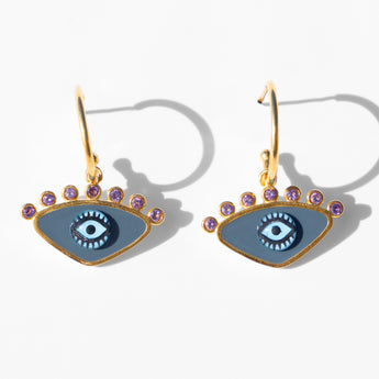 Katerina Psoma gold plated hoops with evil eye enamel grey