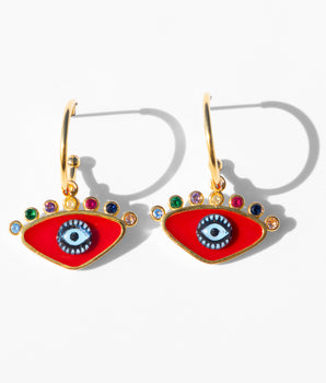 Katerina Psoma gold plated hoops with evil eye enamel red