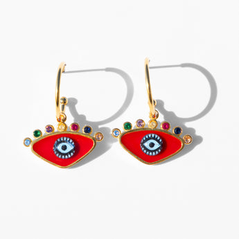 Katerina Psoma gold plated hoops with evil eye enamel red