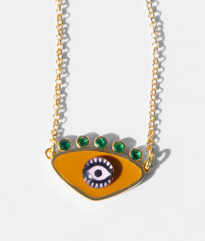 Katerina Psoma gold plated metal evil eye necklace mustard