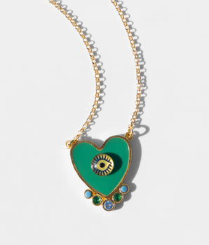 Katerina Psoma Evil eye Heart necklace green gold plated chain 