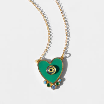 Katerina Psoma Evil eye Heart necklace green gold plated chain 