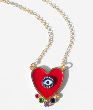 Katerina Psoma Red Evil Eye Heart Necklace gold plated 925 silver and brass with zirconia