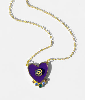 Katerina Psoma Evil eye Heart necklace gold plated silver chain purple