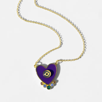 Katerina Psoma Evil eye Heart necklace gold plated silver chain purple