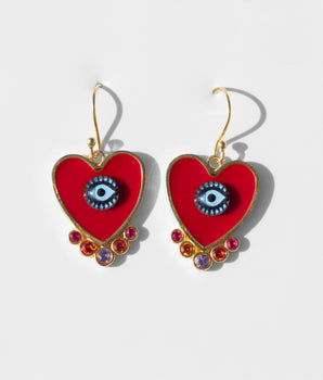 Katerina psoma evil eyes heart earrings gold plated silver and brass