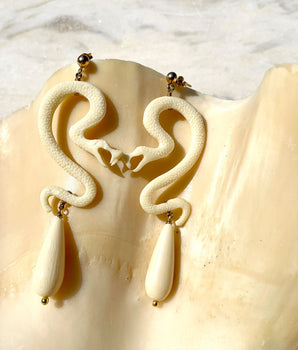 White Resin Snake and Coral Drops Earrings Katerina Psoma gold plated silver studs