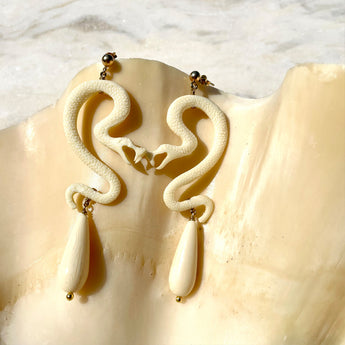 White Resin Snake and Coral Drops Earrings Katerina Psoma gold plated silver studs